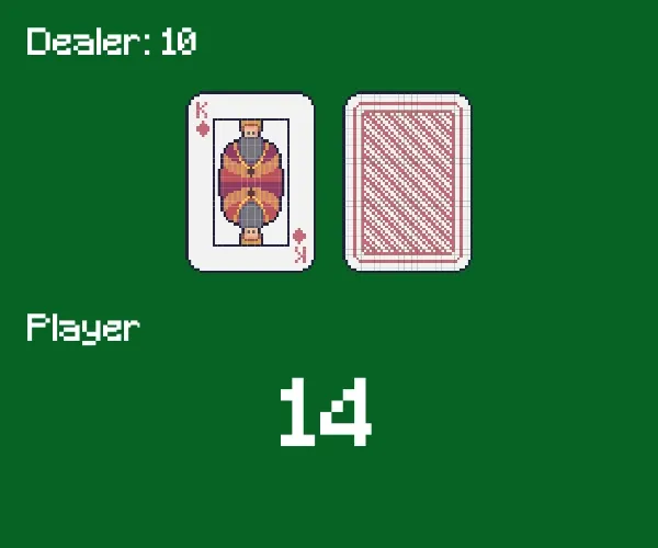 an animation of an AI agent rapidly playing through several sequences of the card game Blackjack. Numbers indicate scores for the agent and the dealer. A face-up card appears in the middle of the screen.