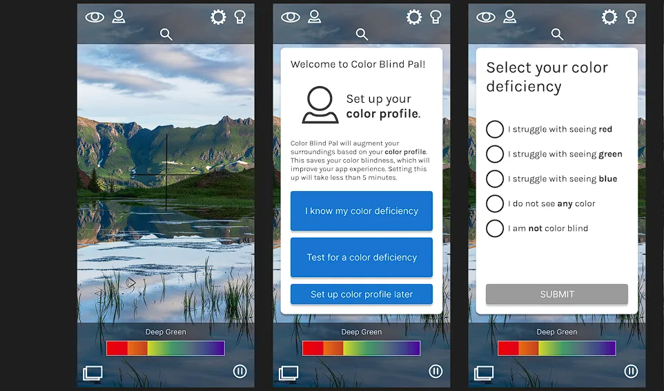 three wireframe mocks for a mobile application. The first mock features a landing screen. The second mock shows a welcome dialog in the main view, with interaction points. The third mock has another modal prompting the user to enter their color deficiency type.