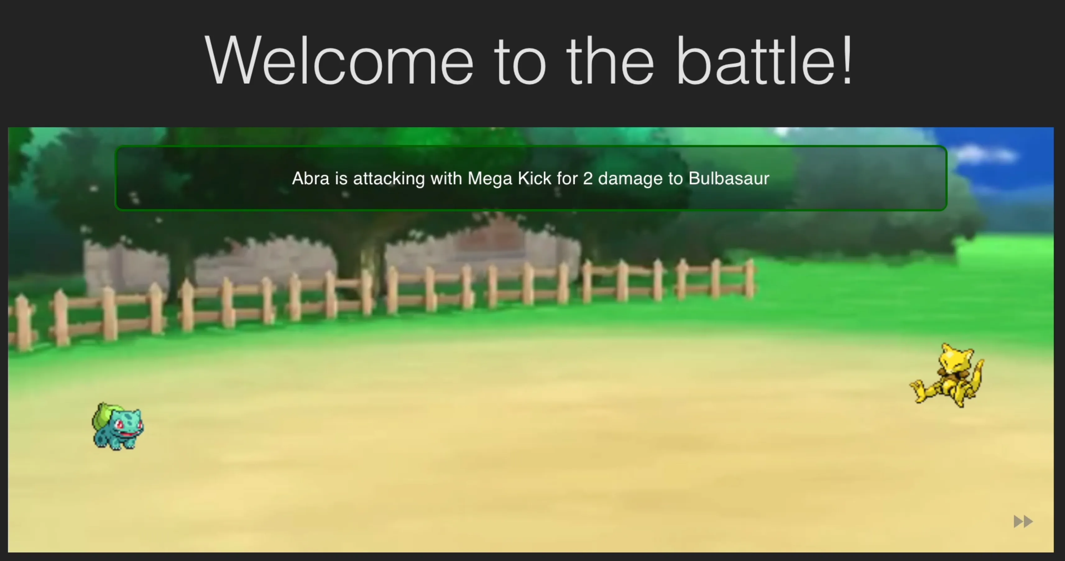 the UI for a Pokémon battle simulation includes a title card, an action bar with description of the current move being taken, and the two Pokémon in the battle.